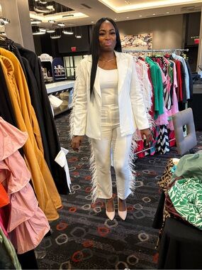 Feather-Trim White Cropped Jumpsuit with Blazer